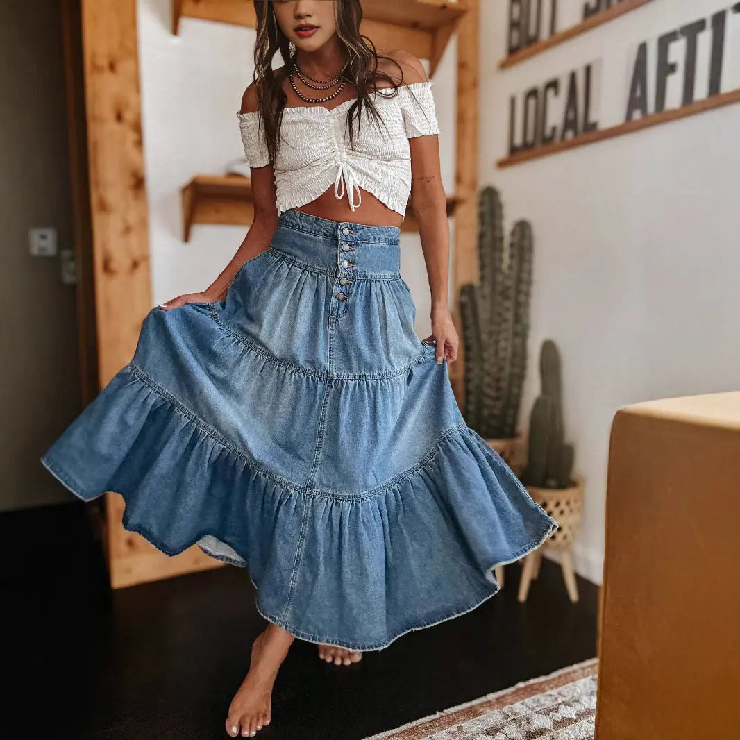Bohemian A- Line Layered Cake Denim Skirt hercurva