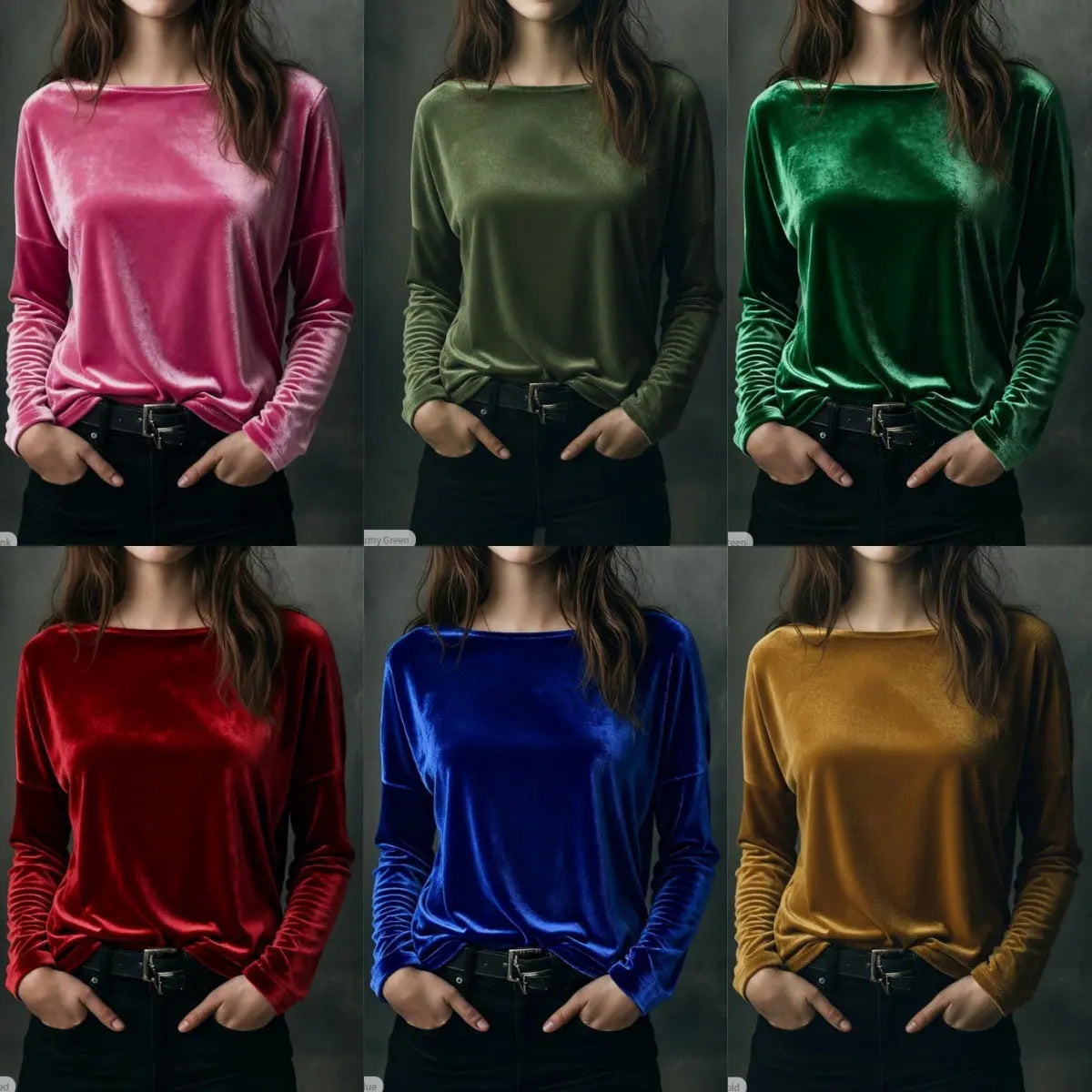 Female Solid Color Loose Fit Crew-neck Pullover Velvet T-shirt hercurva