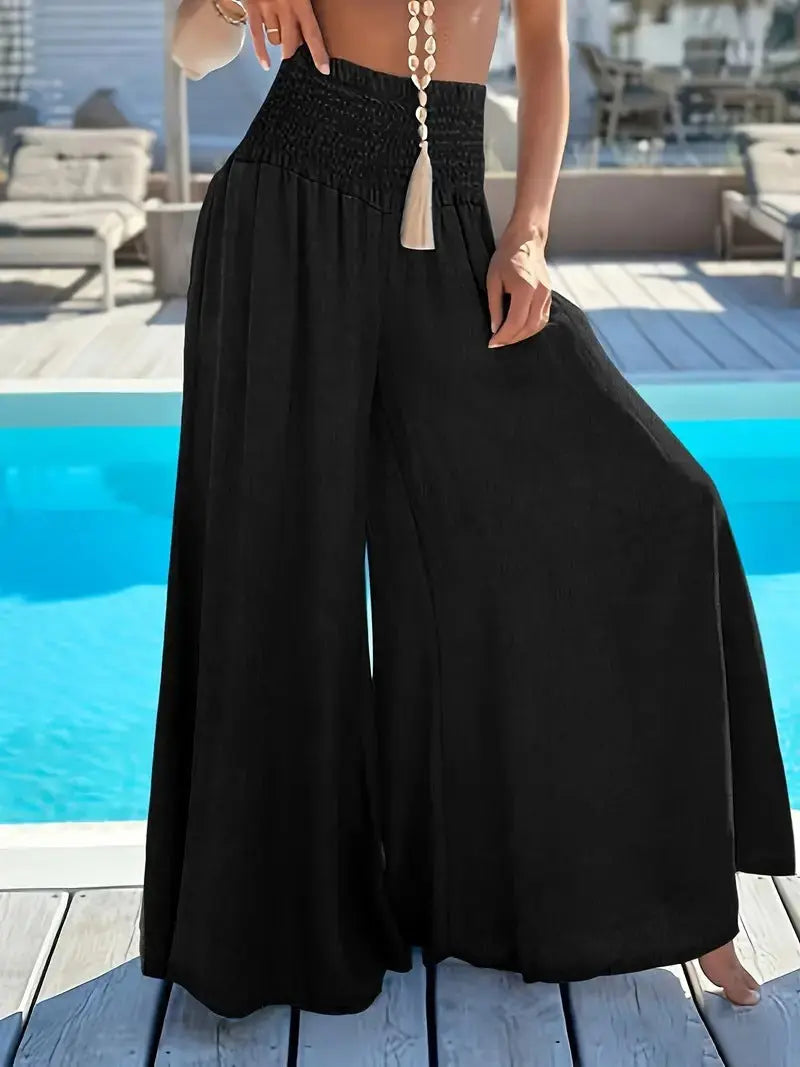 Solid Color High Waist Smocking Ice Silk Wide Leg Trousers hercurva