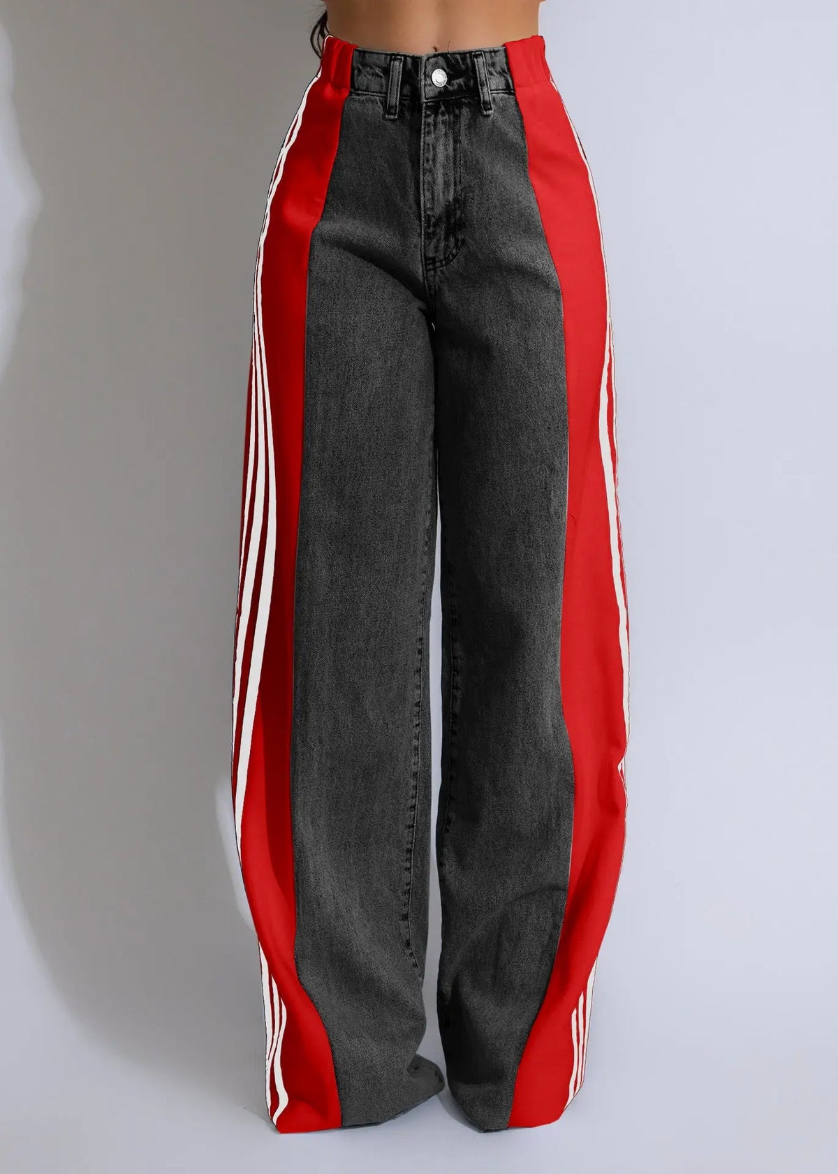 Fashion Casual High Waist Elastic Straight Leg Trousers Three Stripe Patchwork Denim Wide Leg Pants Streetwear hercurva