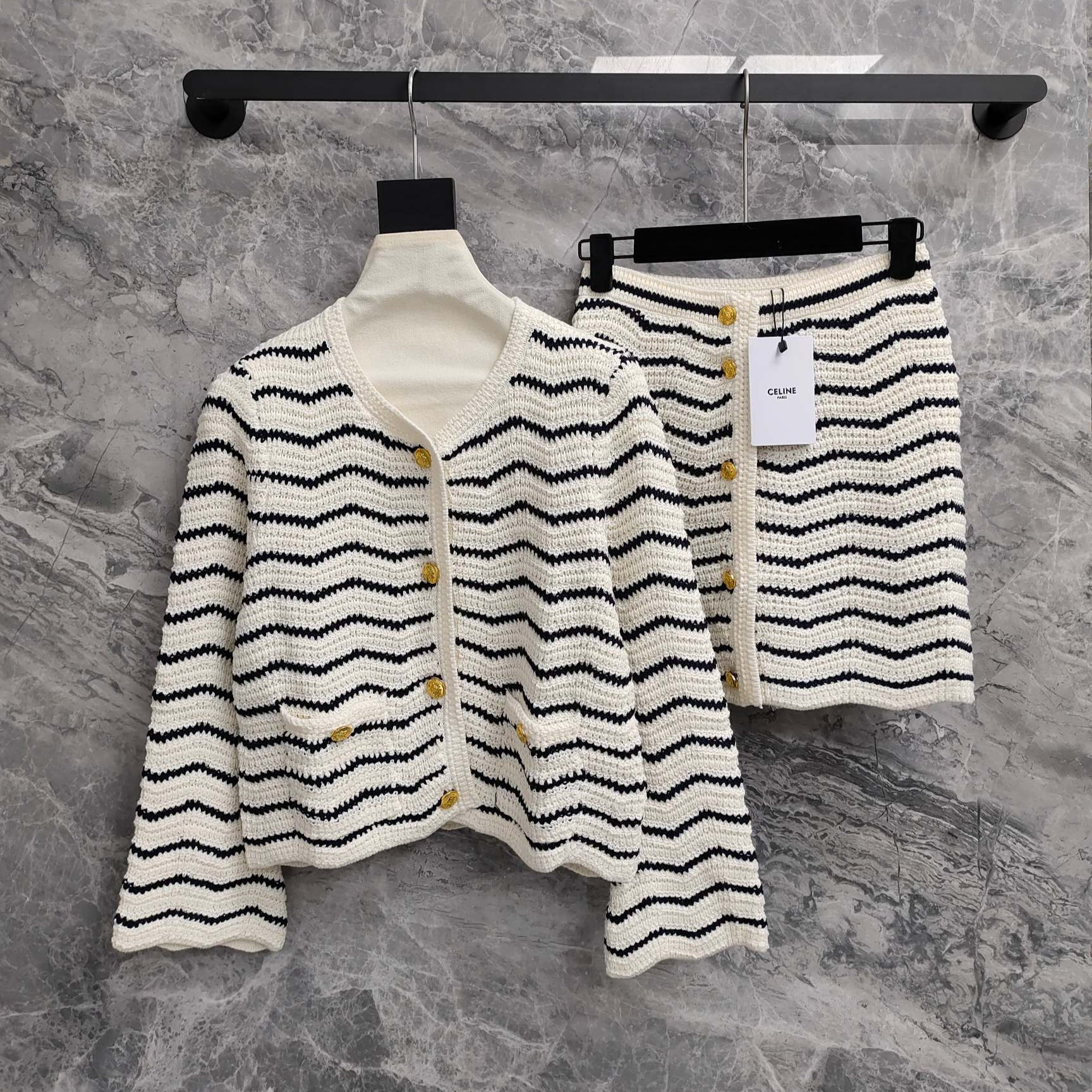 Celine 25 Striped Suit White Black Wool Polyester 278762