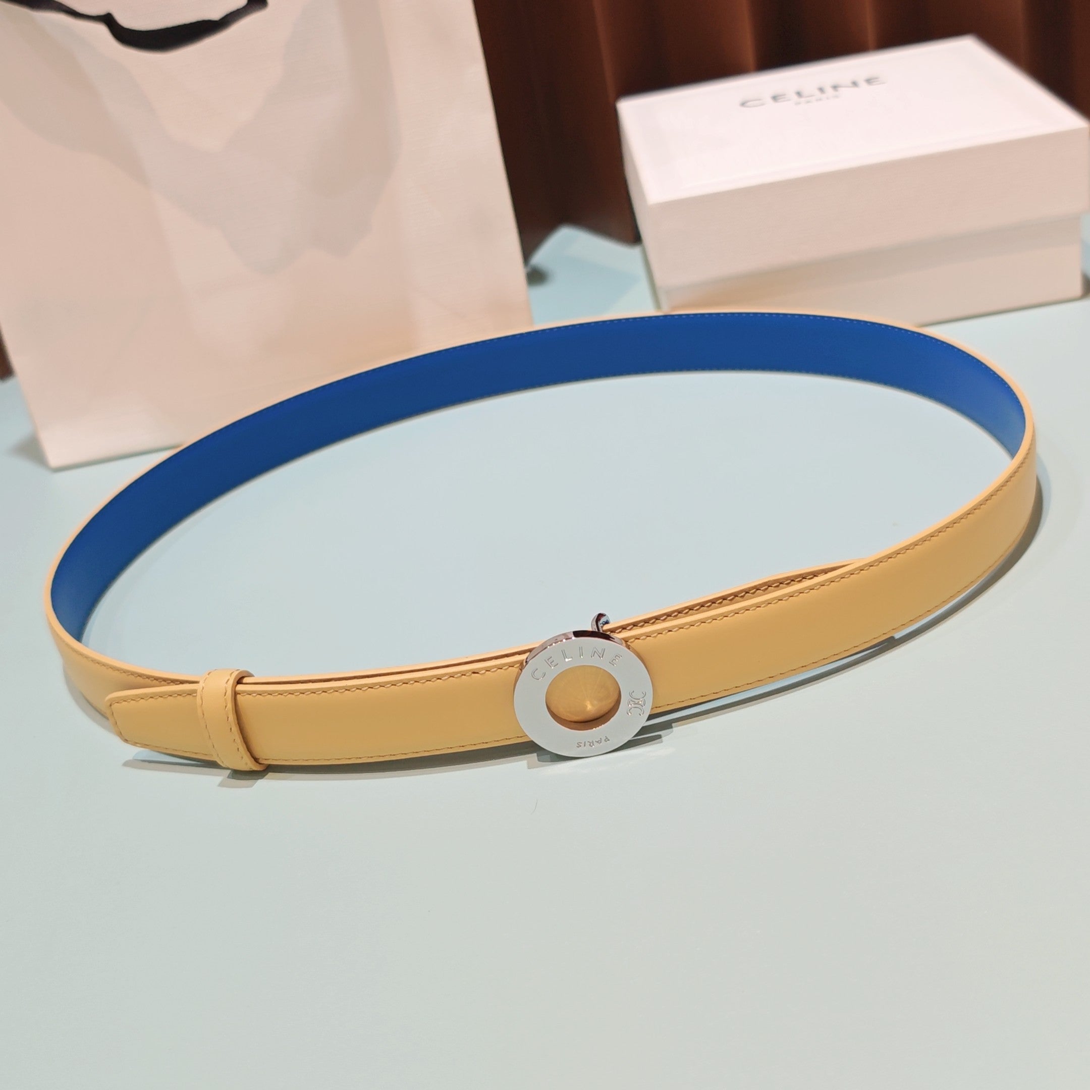 Celine 2026 Disc Buckle Reversible Strap Belt 25mm Leather 196682
