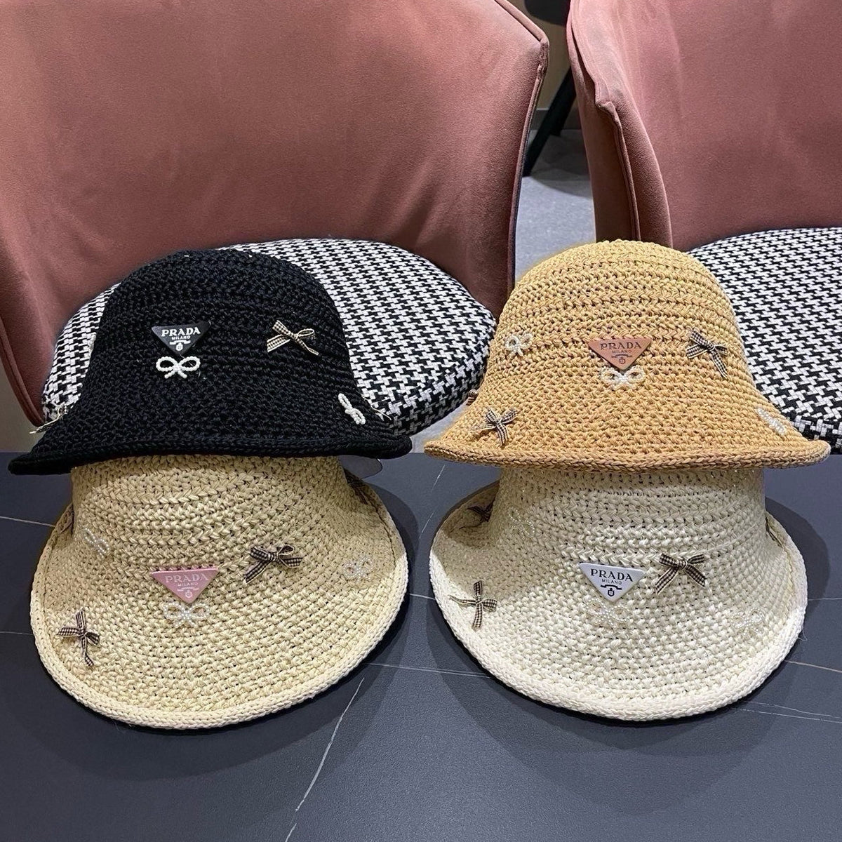 Prada Raffia Bow Knot Fisherman Hat 512516