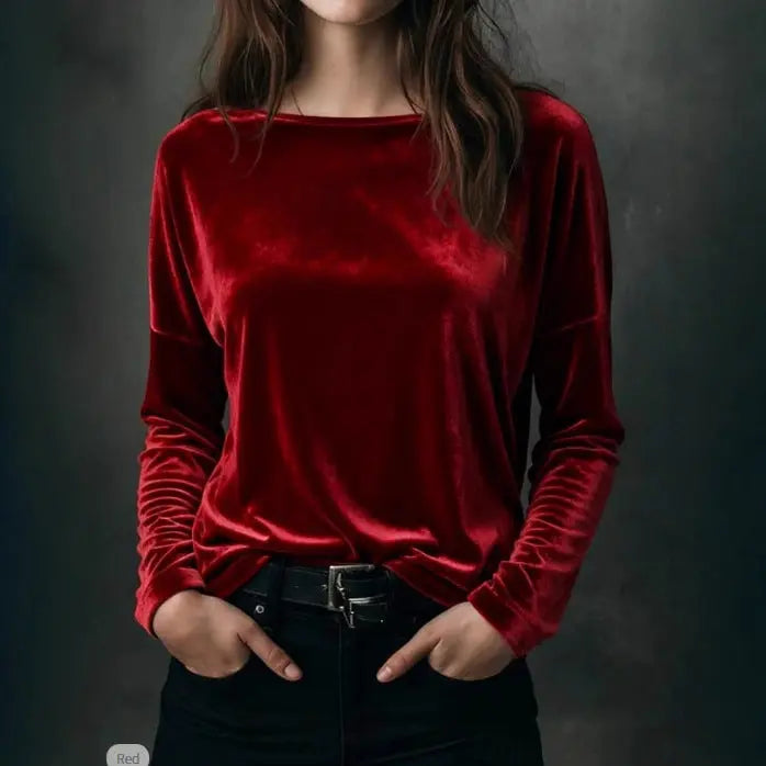 Female Solid Color Loose Fit Crew-neck Pullover Velvet T-shirt hercurva