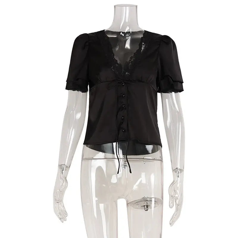 Fashion V-neck Lace Stitching Lace Up Slimming Short Sleeve hercurva