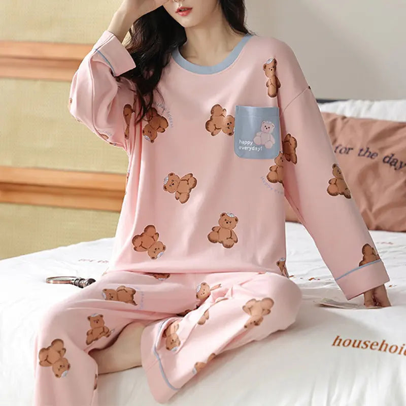 Loose Print Pajamas Women Autumn Winter Pyjama Set Long Sleeves And Trousers Elegant Sleepwear Girl Loungewear Home Clothes hercurva
