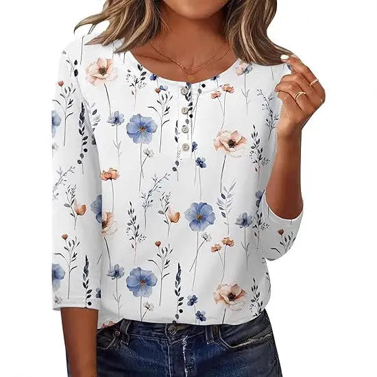 Printed 34 Sleeves Button Women's T-shirt hercurva