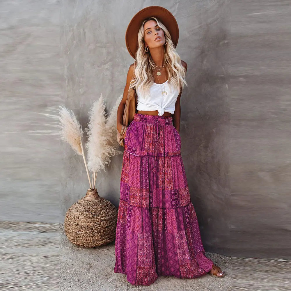 Bohemian Style Loose Casual High Waist Long Skirt hercurva