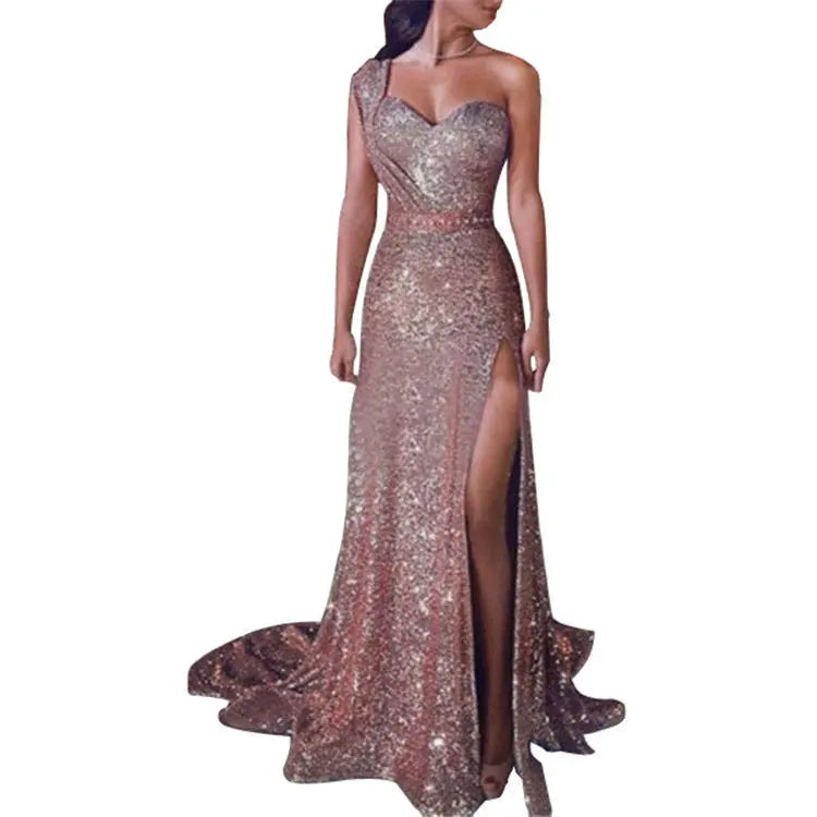 Women's Clothing One-shoulder Sleeveless Bronzing Split Dress hercurva