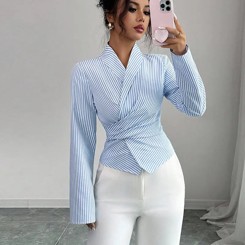 Striped Long-Sleeve Elegant Strap Women's Blouse hercurva