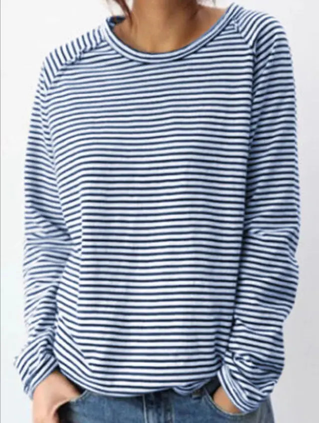 Loose Round Neck Raglan Long Sleeve Striped Printed Sweater hercurva