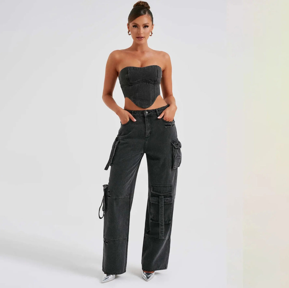 Women's Suit Low Waist Three-dimensional Tube Top And Pocket Stitching Jeans Pants hercurva