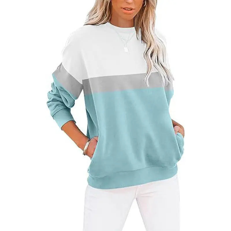 Women's Long Sleeve Color Matching Sports Sweater Round Neck Casual Pullover hercurva
