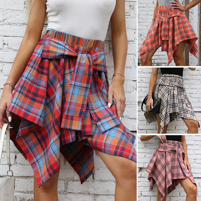 Women's Fashion Irregular High Waist Plaid Tie-Sleeve Skirt hercurva