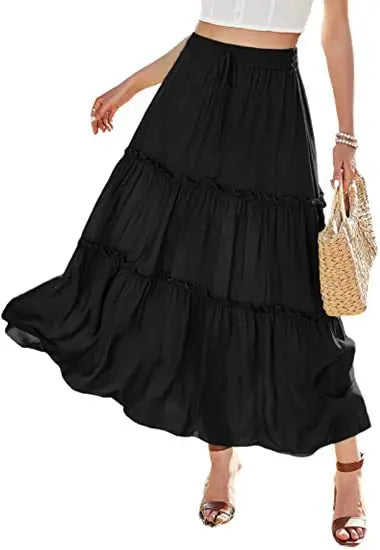 Women's Elastic High Waist A-Line Pleated Casual Maxi Dress hercurva