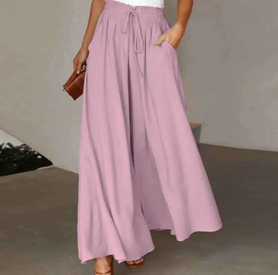 Women's Fashion Wide Leg Elastic Waistband Wide Leg High Waist Long Dress Pants hercurva