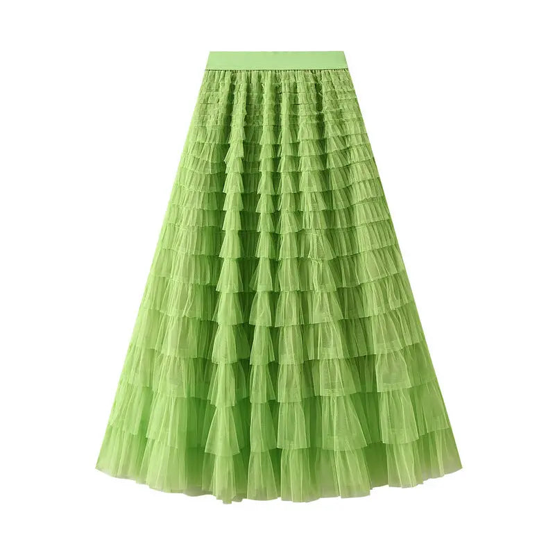 A-Line Mesh Ruffle Skirt Women's Temperament Sweet Long Skirt Slim Cupcake Dress Womens Clothing hercurva