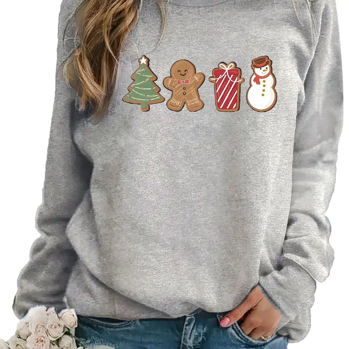 Snowman And Gingerbread Man Printed Sweater Comfortable And Casual hercurva