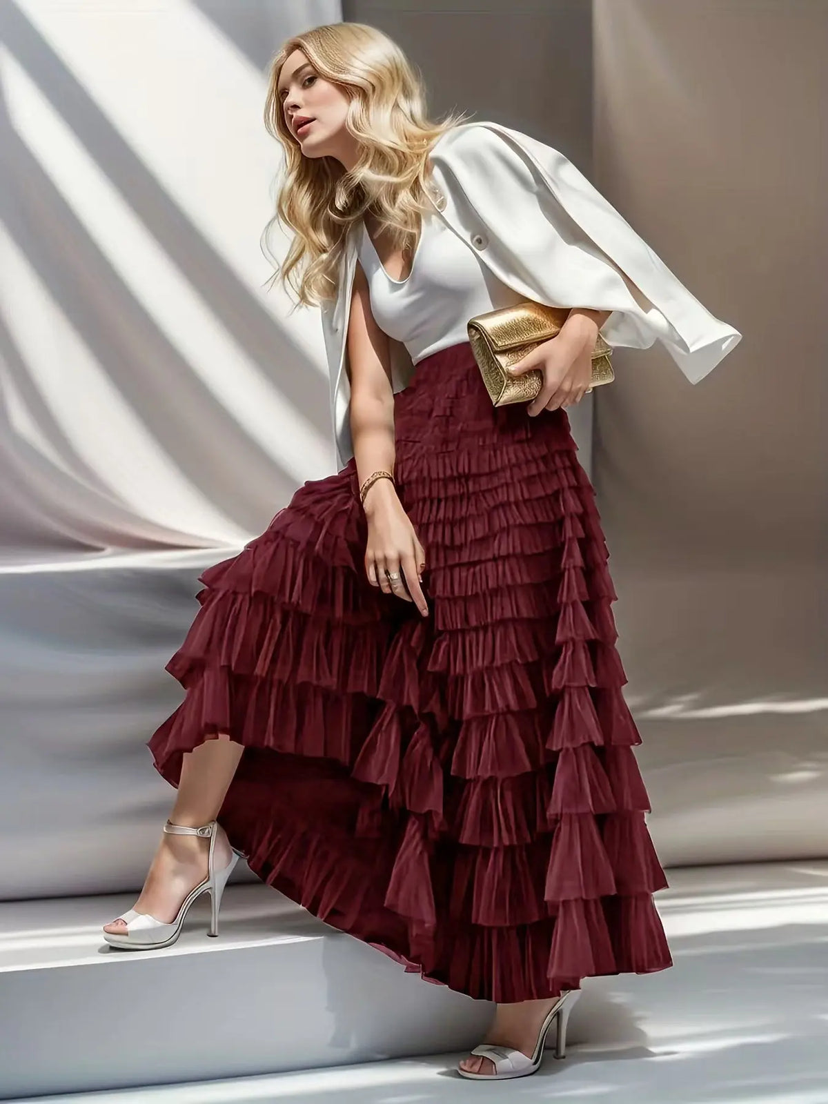 Layered Ruffles Cake Skirt Summer Fashion A Line Swing Mesh Long Skirt Party Dress Women hercurva