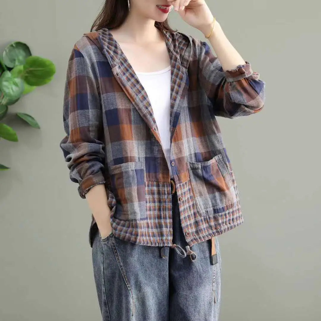 Literary Original Cotton Hooded Plaid Jacket hercurva