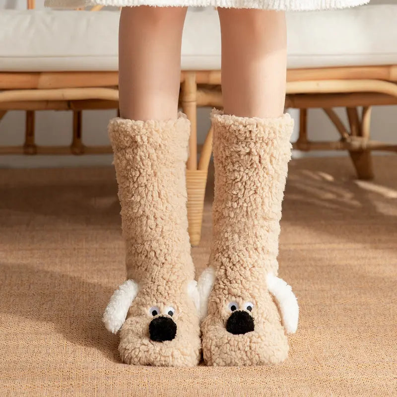 Cute Cartoon Dog Floor Socks Winter Warm Non-slip Plush Socks For Women hercurva