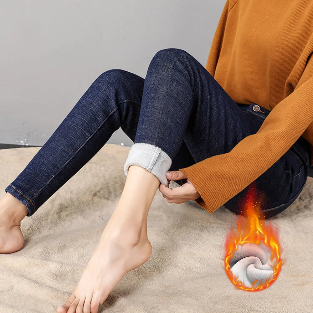 Women Thermal Jeans Winter Snow Warm Plush Stretch Jeans Lady Skinny Thicken Fleece Denim Long Pants Retro Blue Pencil Trousers hercurva