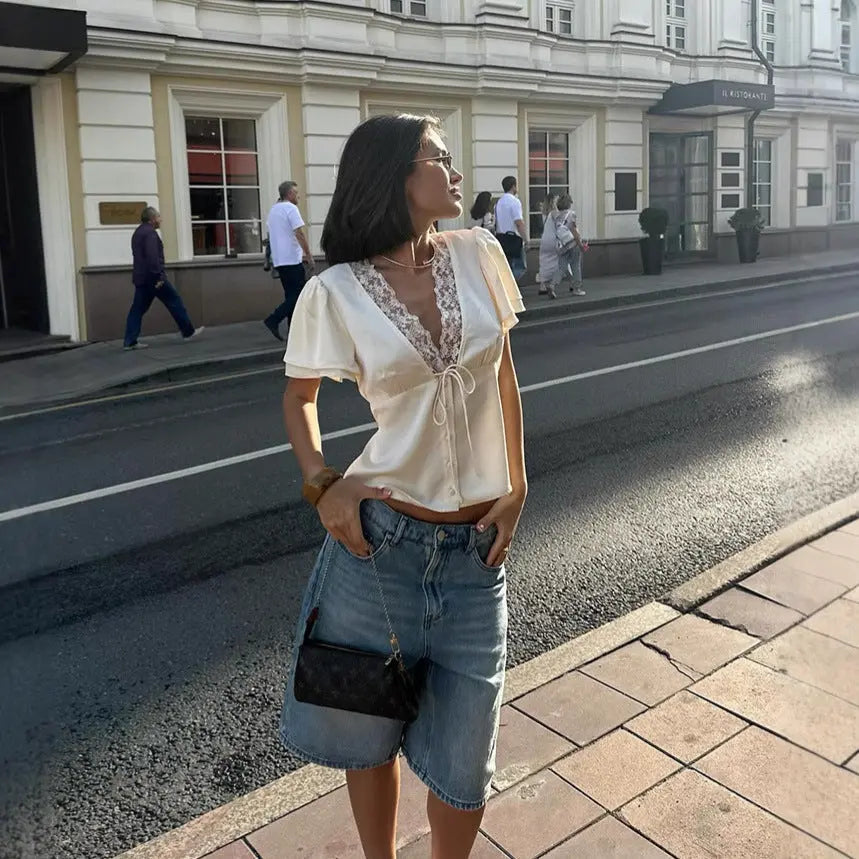 Fashion V-neck Lace Stitching Lace Up Slimming Short Sleeve hercurva
