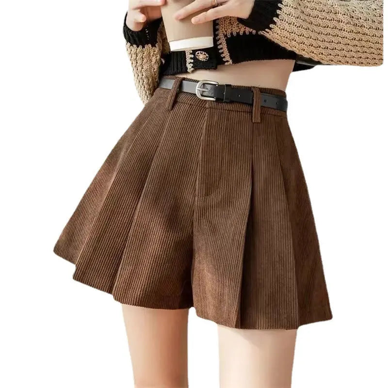 Corduroy Pleated Slim Casual Wide-leg Shorts Women hercurva