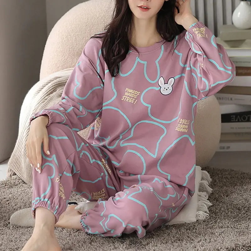 Loose Print Pajamas Women Autumn Winter Pyjama Set Long Sleeves And Trousers Elegant Sleepwear Girl Loungewear Home Clothes hercurva