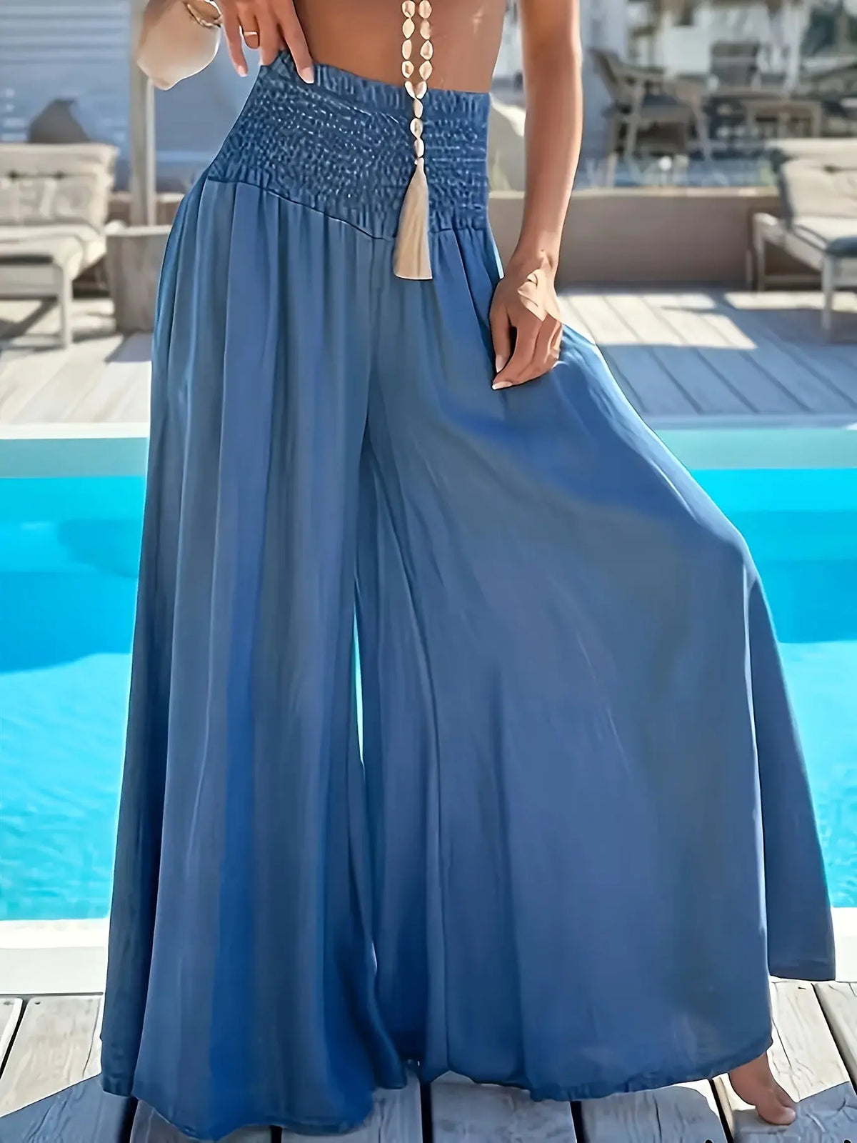 Solid Color High Waist Smocking Ice Silk Wide Leg Trousers hercurva
