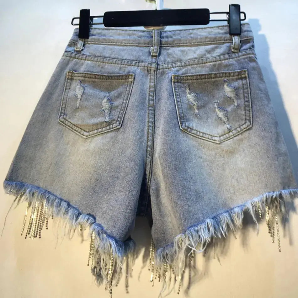 Fringed Chain Jeans Women's High Waist Slim Se Xy Shorts European And American Style Heavy Industry Beading Tide hercurva