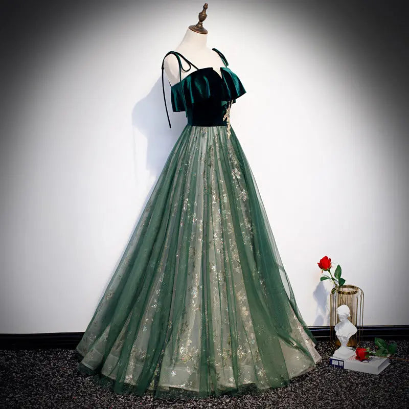 Banquet Sling Temperament Long Dress Dark Green Fantasy Mori hercurva