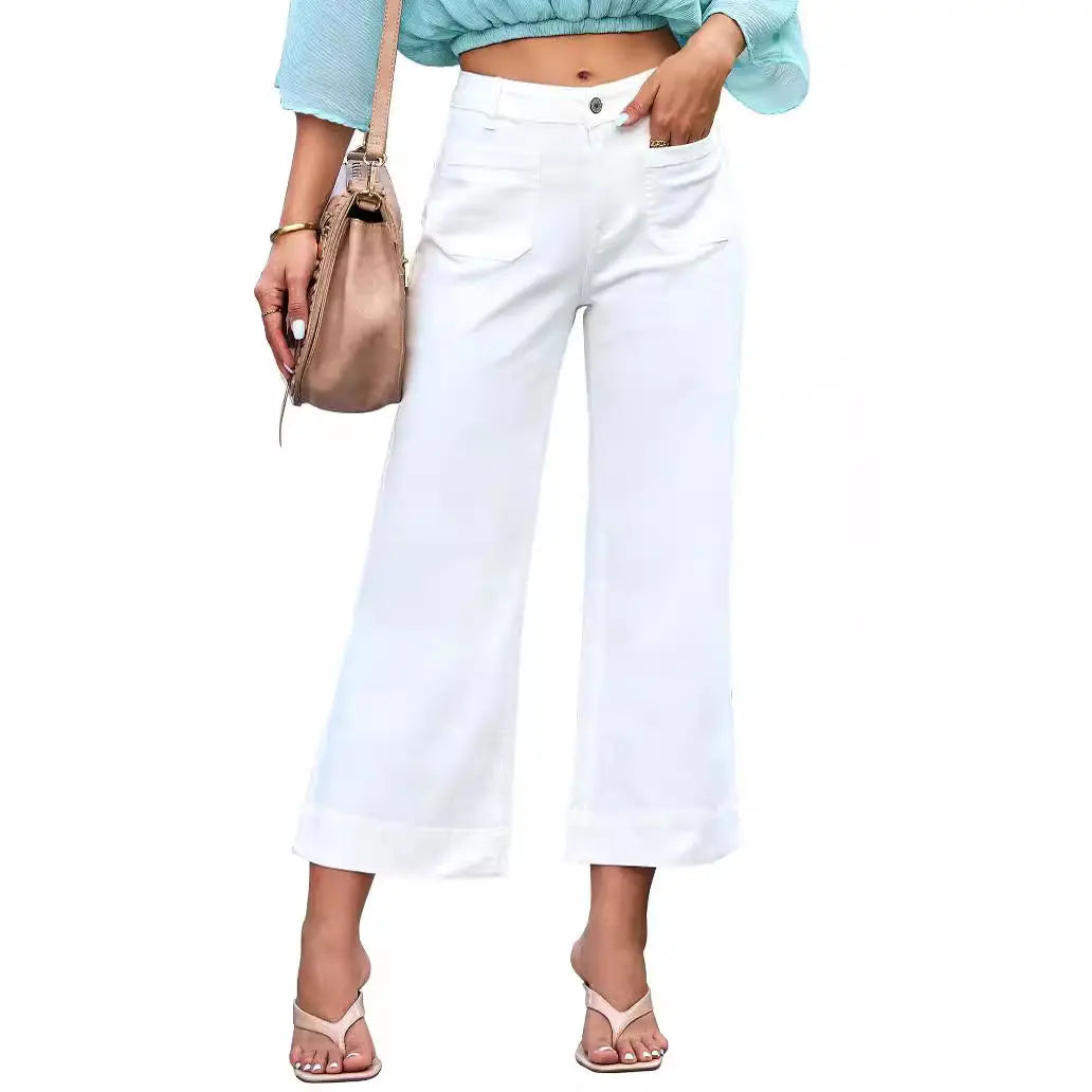 Slimming And Wide Leg Straight-leg Pants Washed Jeans Cropped Pants hercurva