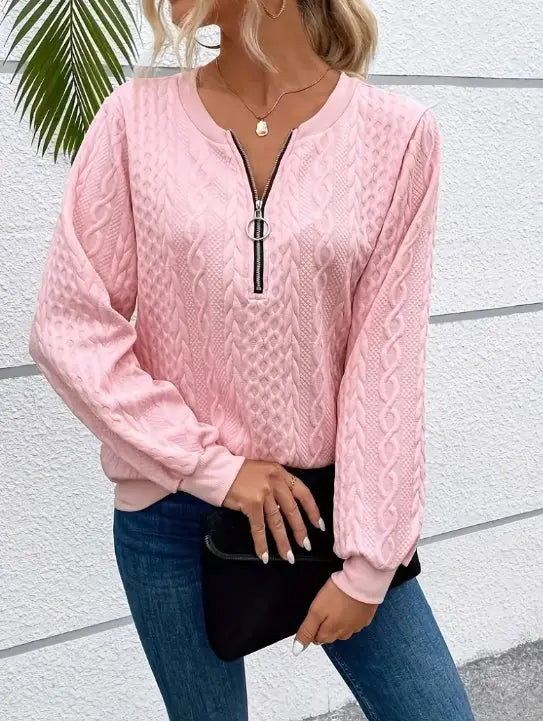 Women's Sports Pullover Zipper Sweater Loose V-neck Long Sleeve hercurva