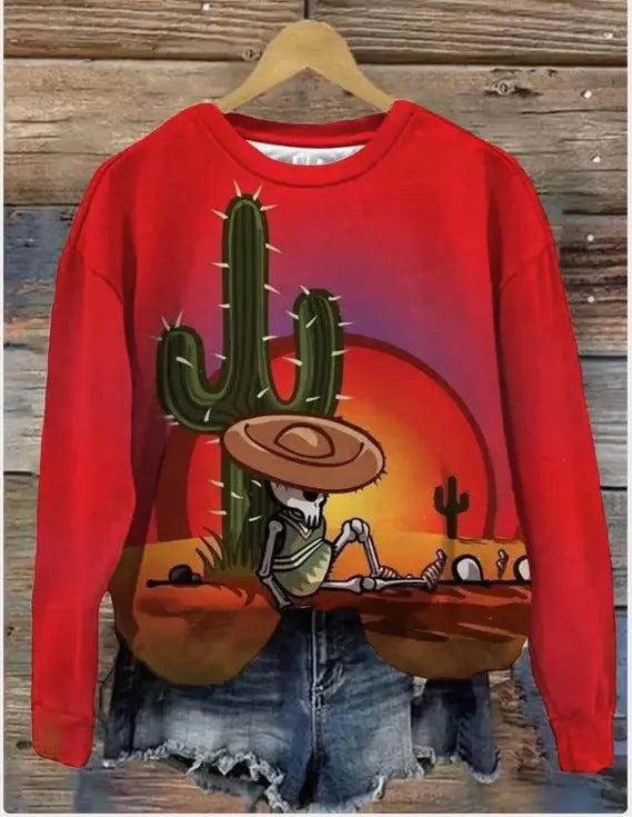 Printed Loose Round Neck Sweater For Women hercurva