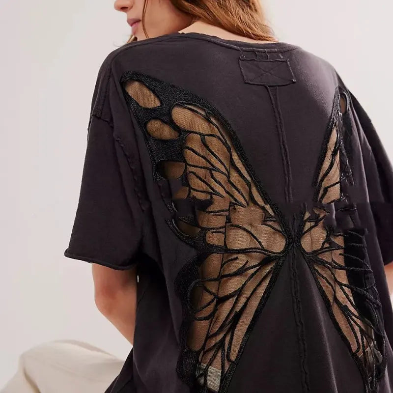 Street Hollow Butterfly Hot Girly Style Ins Loose Short Round Neck T-shirt hercurva