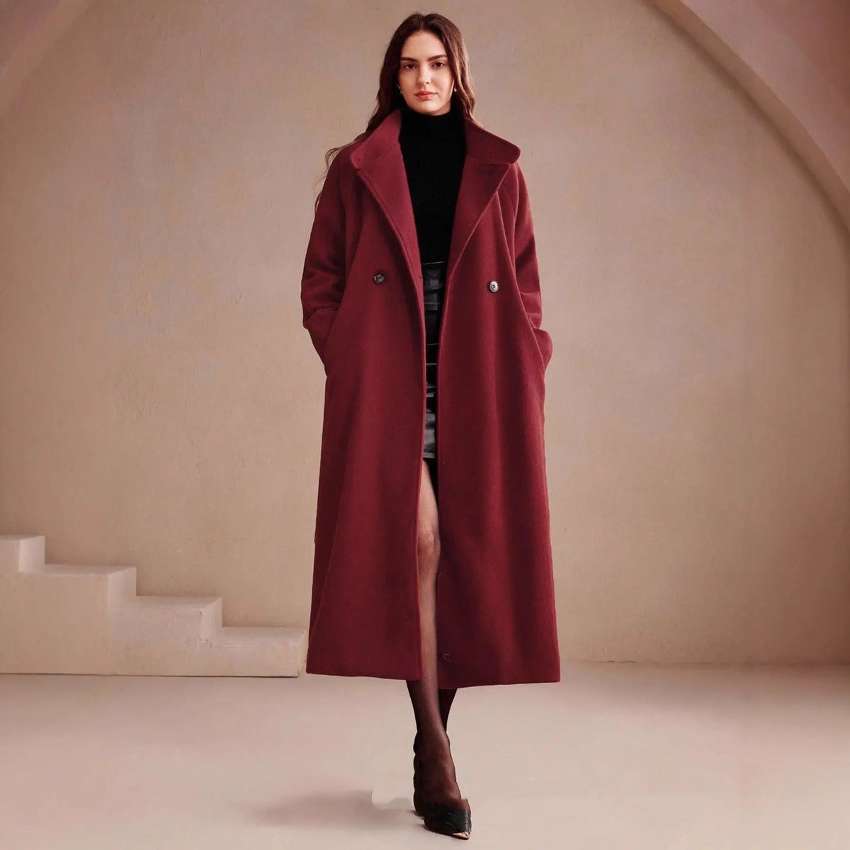 Women's Double-breasted Long Wool Coat With Suit Collar hercurva
