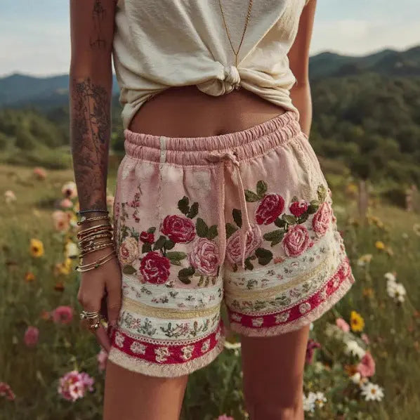 European And American Retro Floral Print Casual Womens Shorts hercurva