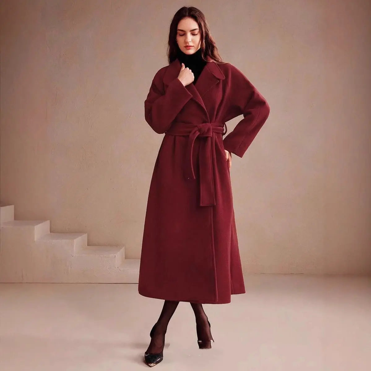 Women's Double-breasted Long Wool Coat With Suit Collar hercurva