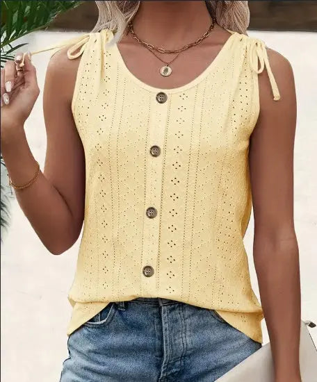 Eyelet Button Front Tank Top, Casual Sleeveless Tank Top For Summer, Women's Clothing hercurva