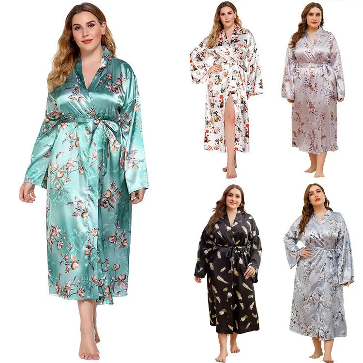 Long Robes For Women Flower Print Bathrobe V-neck Silk Sleepwear hercurva