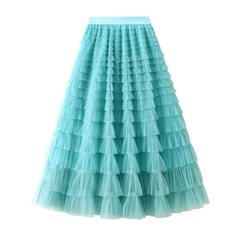 A-Line Mesh Ruffle Skirt Women's Temperament Sweet Long Skirt Slim Cupcake Dress Womens Clothing hercurva