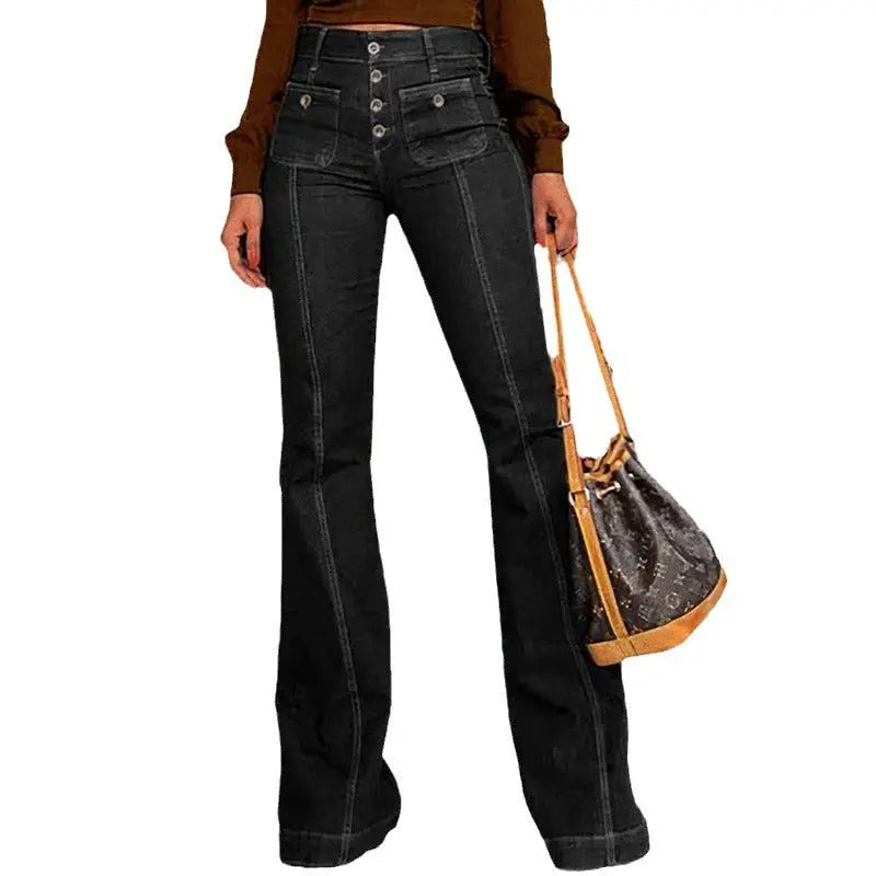 Stitching Washed Denim Stretch Slim Fit Bell-bottom Pants hercurva