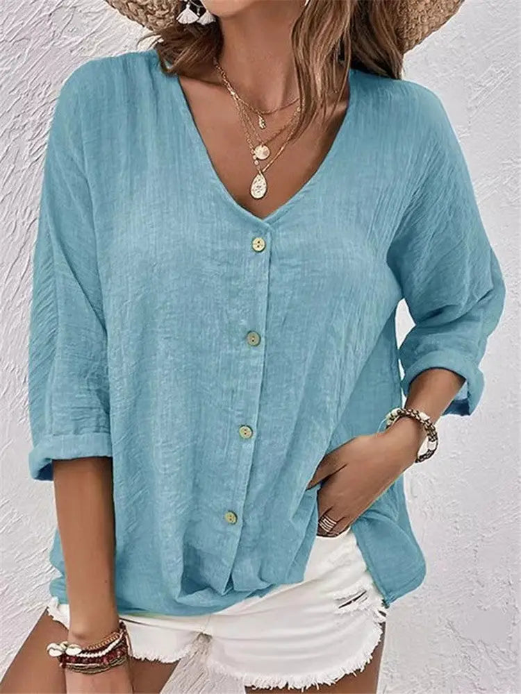 V-neck Long-sleeved T-shirt Fashion Solid Color Button Top Casual Loose Clothing For Women hercurva