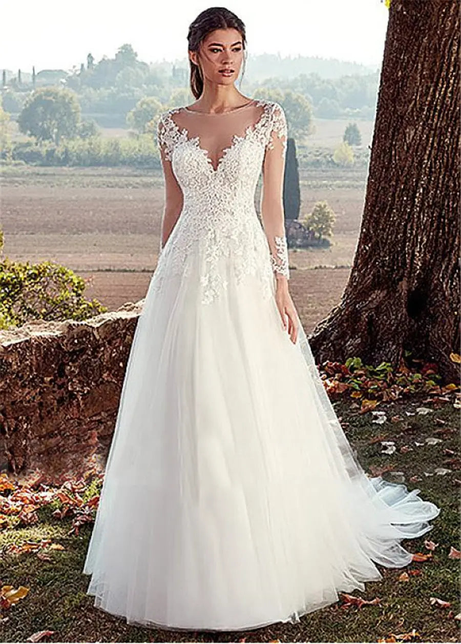 High U-neck Lace Long Sleeve A- Line Long Tail Simple Wedding Dress hercurva