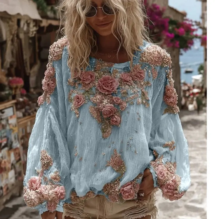 Women's 3D Printed Long-sleeved Shirt Loose All-match High-grade Top hercurva