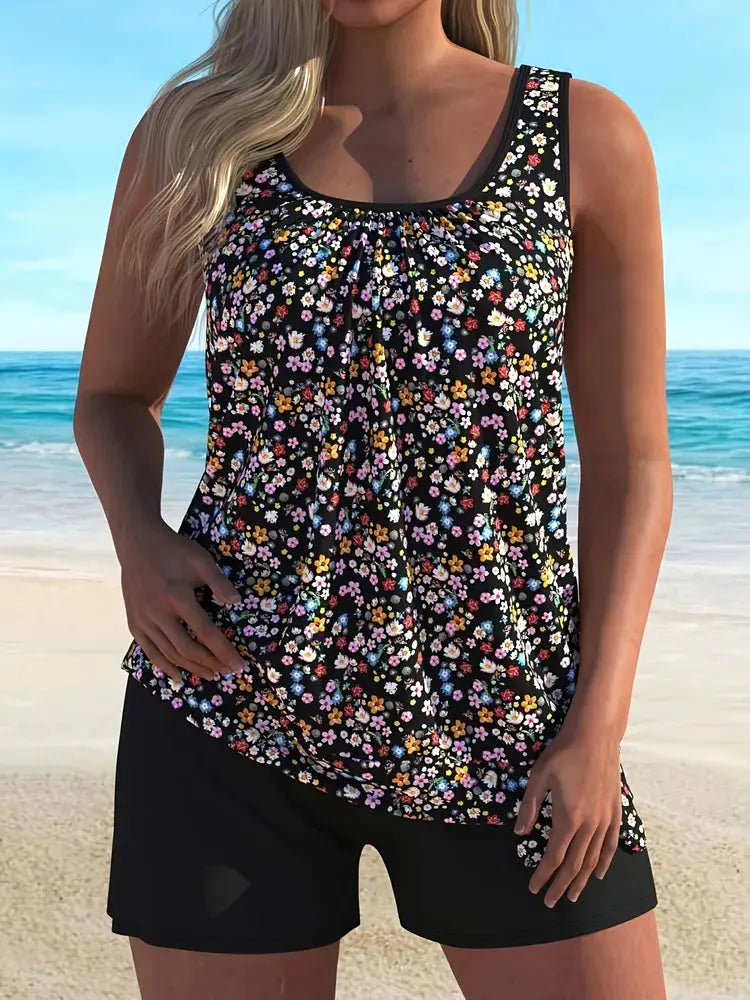 Women's Plus Size Split Floral Print Tankini Quick Drying Swimsuit Set hercurva