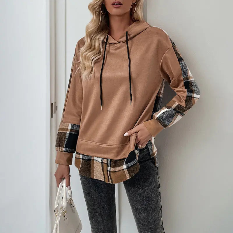 European And American Long Sleeve Plaid Colorblock Hooded Velvet Padded Sweater hercurva