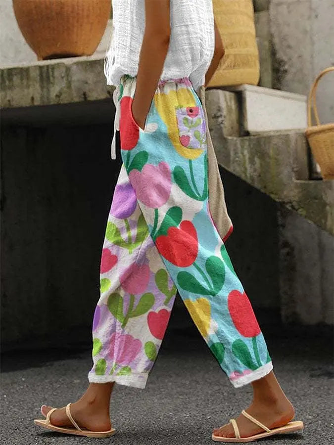 Women's Cotton And Linen Printing Paste Bags Casual Pants hercurva