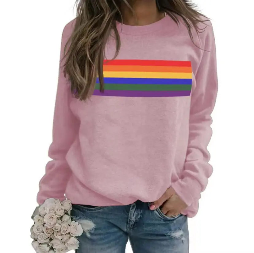 Color Striped Print Round Neck Pullover Long Sleeve Sweater hercurva